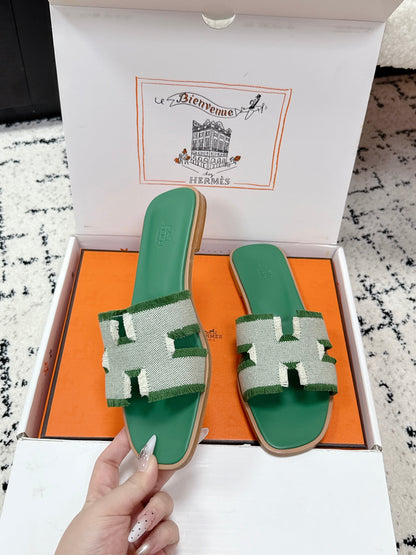 HM 26ss Oran Sandals Green White Canvas Cowhide 617215