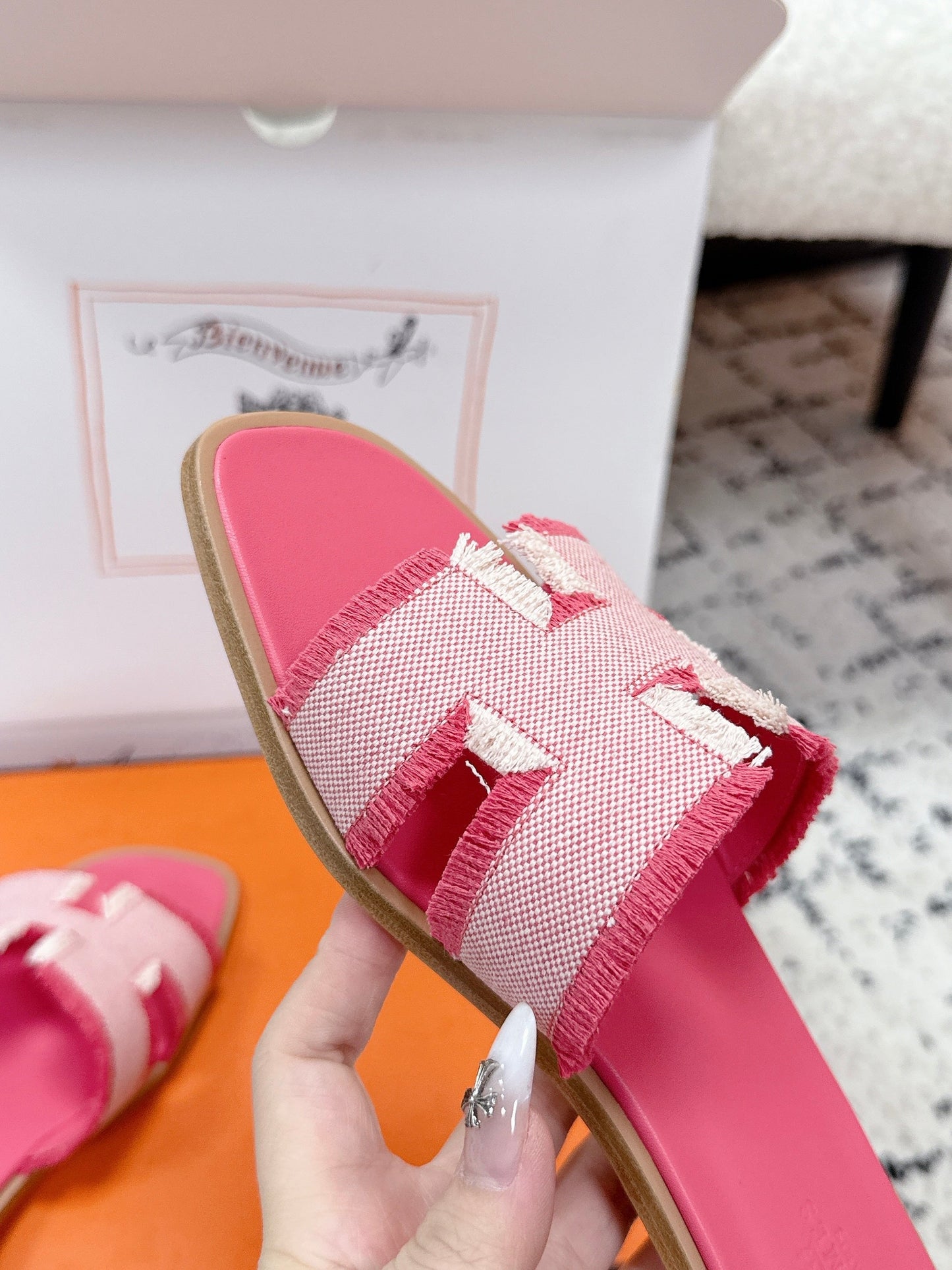 HM 26ss Oran Sandals Pink White Canvas Cowhide 617216