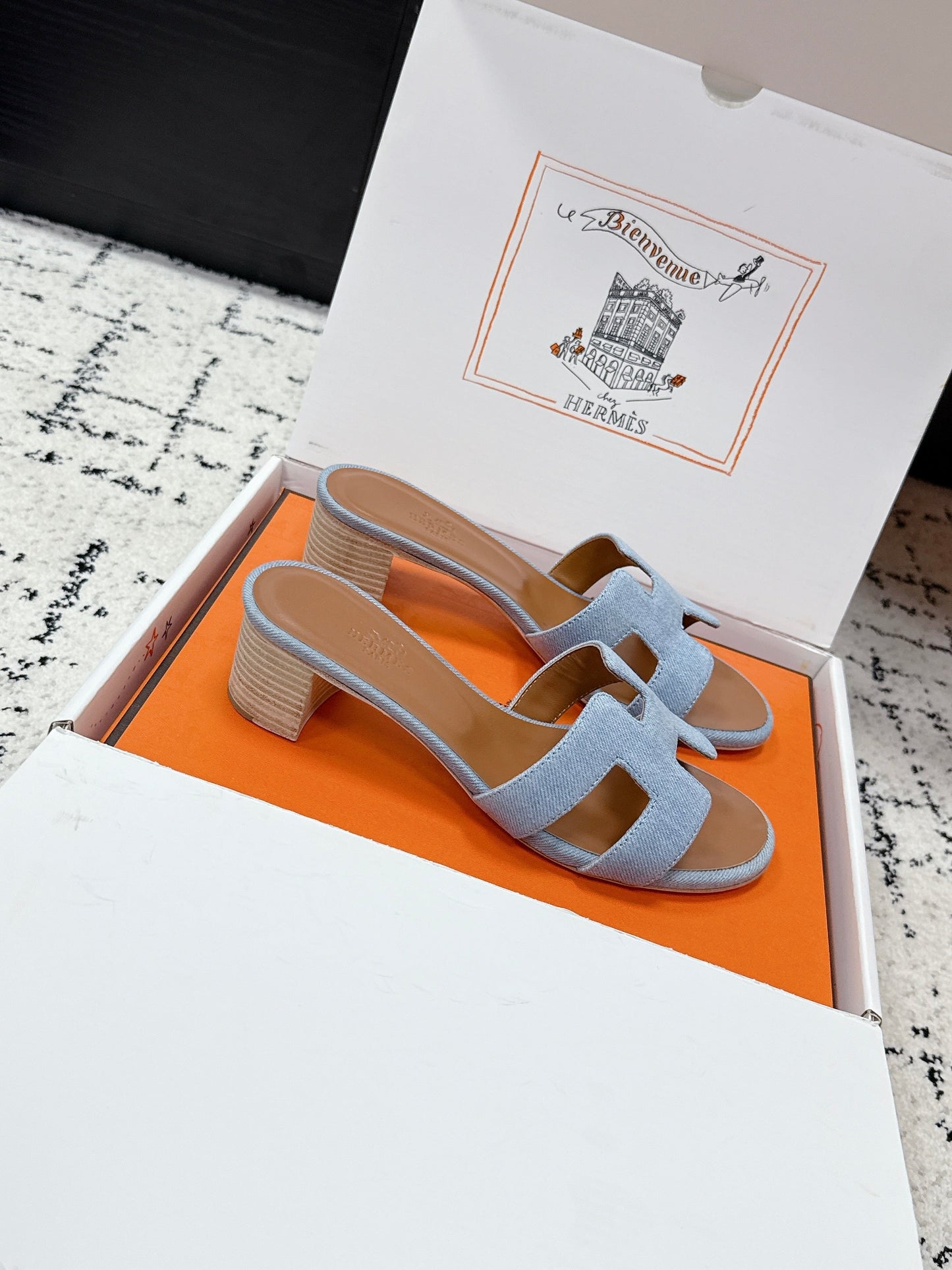 HM 26ss High-Heeled Sandals 50 Brown Blue Denim Cowhide 617220