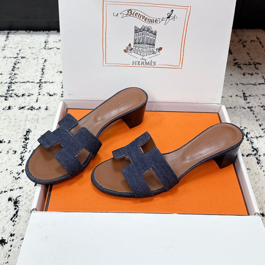 HM 26ss High-Heeled Sandals 50 Brown Dark Blue Denim Cowhide 617221