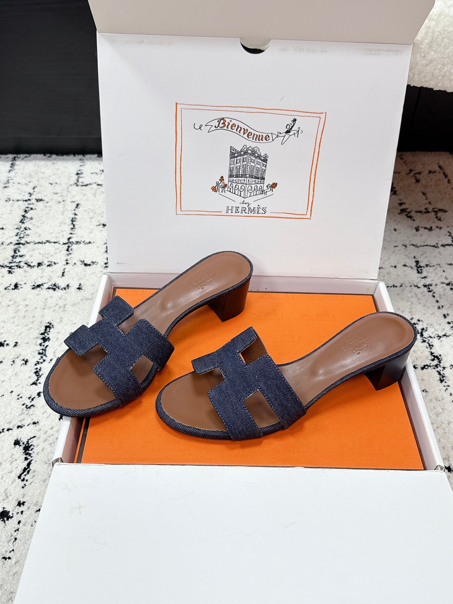 HM 26ss High-Heeled Sandals 50 Brown Dark Blue Denim Cowhide 617221