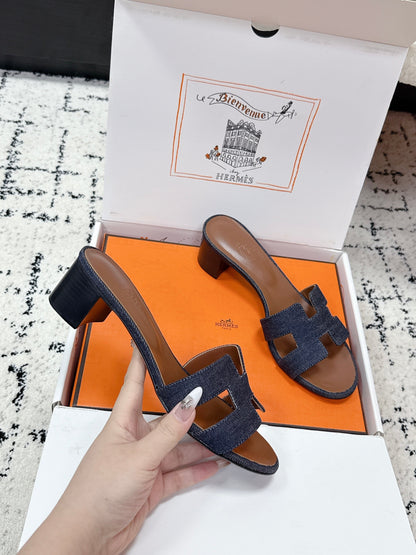 HM 26ss High-Heeled Sandals 50 Brown Dark Blue Denim Cowhide 617221