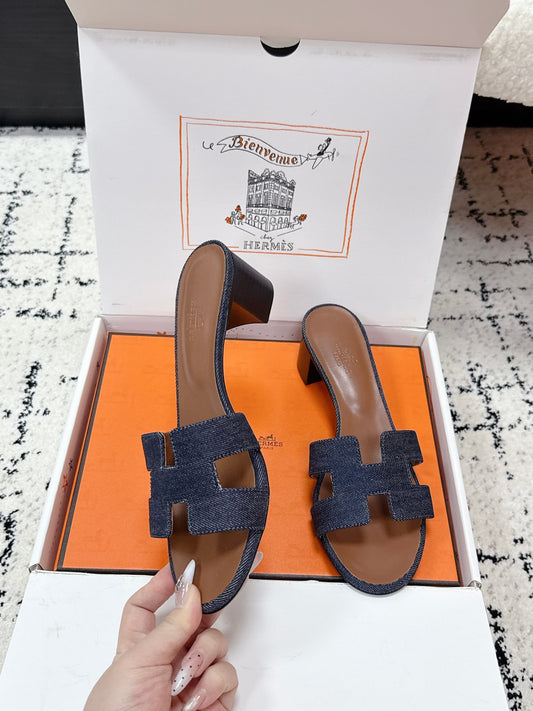 HM 26ss High-Heeled Sandals 50 Brown Dark Blue Denim Cowhide 617221