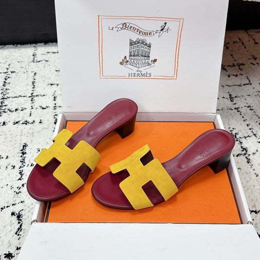 HM 26ss High-Heeled Sandals 50 Burgundy Yellow Cowhide 617229