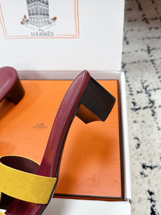 HM 26ss High-Heeled Sandals 50 Burgundy Yellow Cowhide 617229