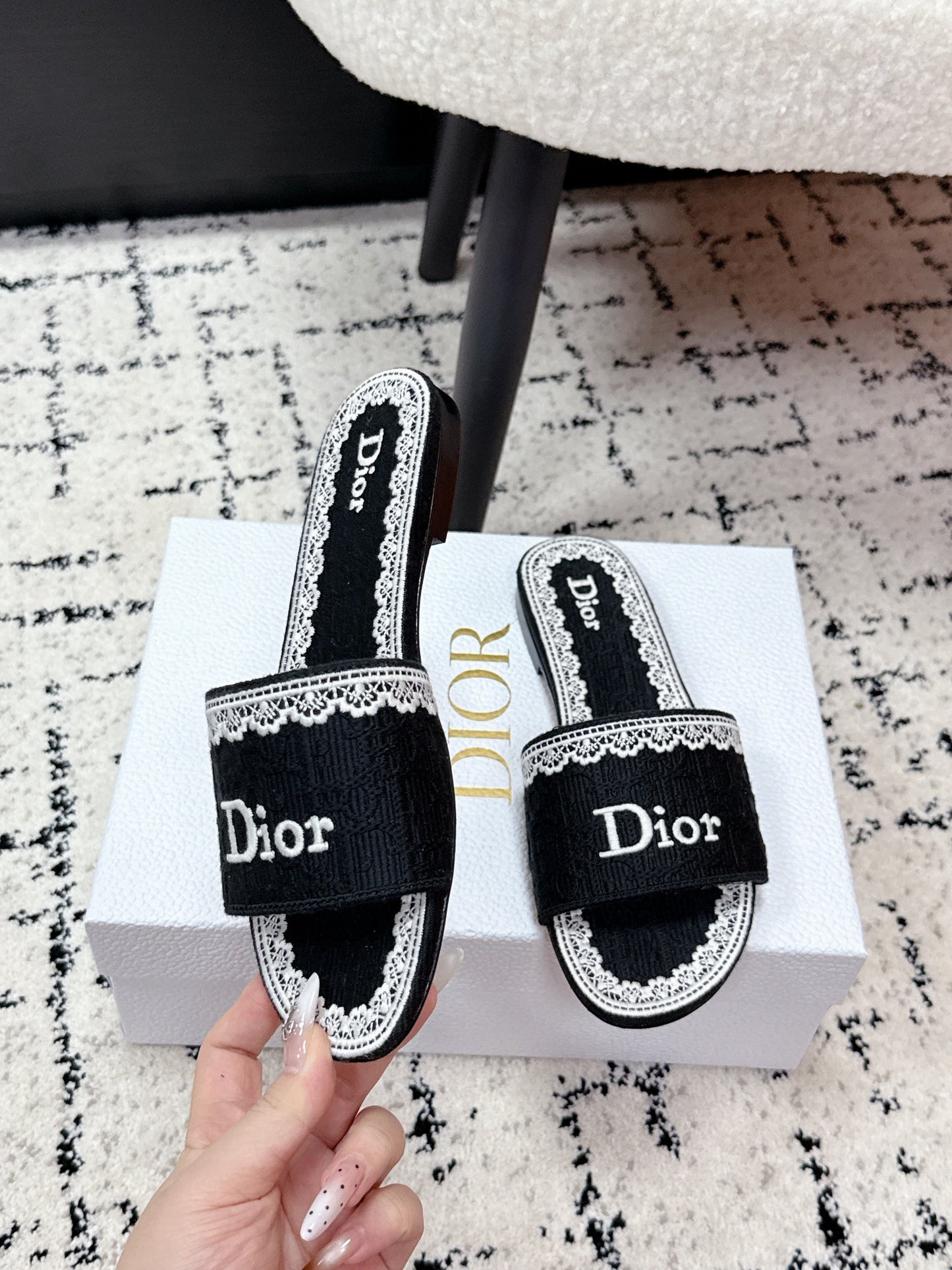 CD 26 Embroidered Slippers Black Canvas 617083