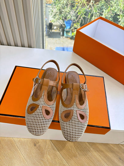 HM 26ss Pig-Nose Flat Sandals Brown Beige Mesh Sheepskin 603925