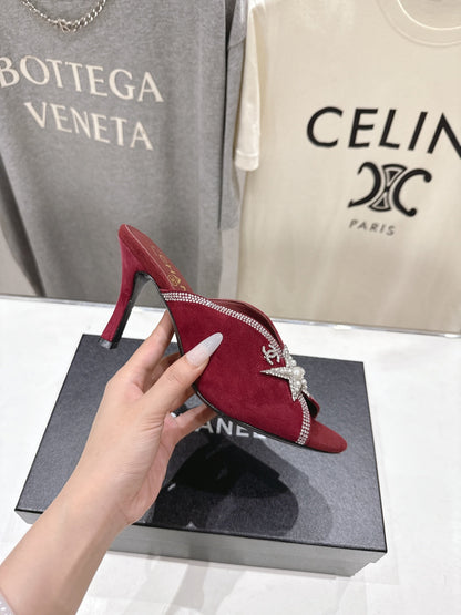 Chanel 2026 High-Heeled Mules 90mm Strass Suede 896436