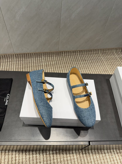 Celine 26 Ballet Flats Blue Denim 614465