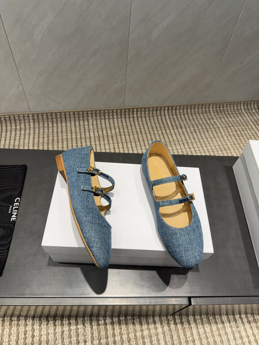 Celine 26 Ballet Flats Blue Denim 614465