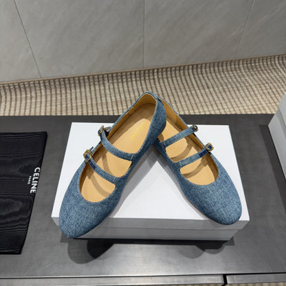 Celine 26 Ballet Flats Blue Denim 614465