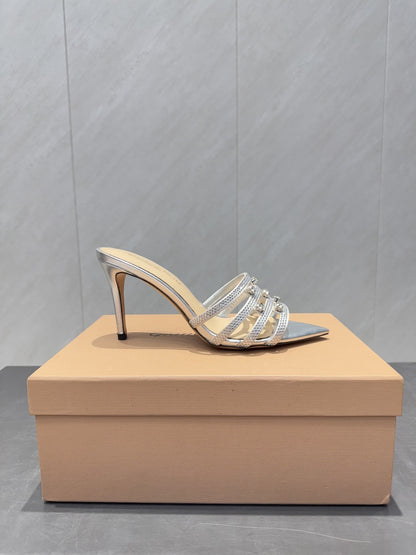 CL 26SS High Heeled Sandals 100 Metallic Silver Beige Sheepskin 613828