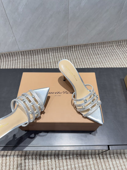 CL 26SS High Heeled Sandals 100 Metallic Silver Beige Sheepskin 613828