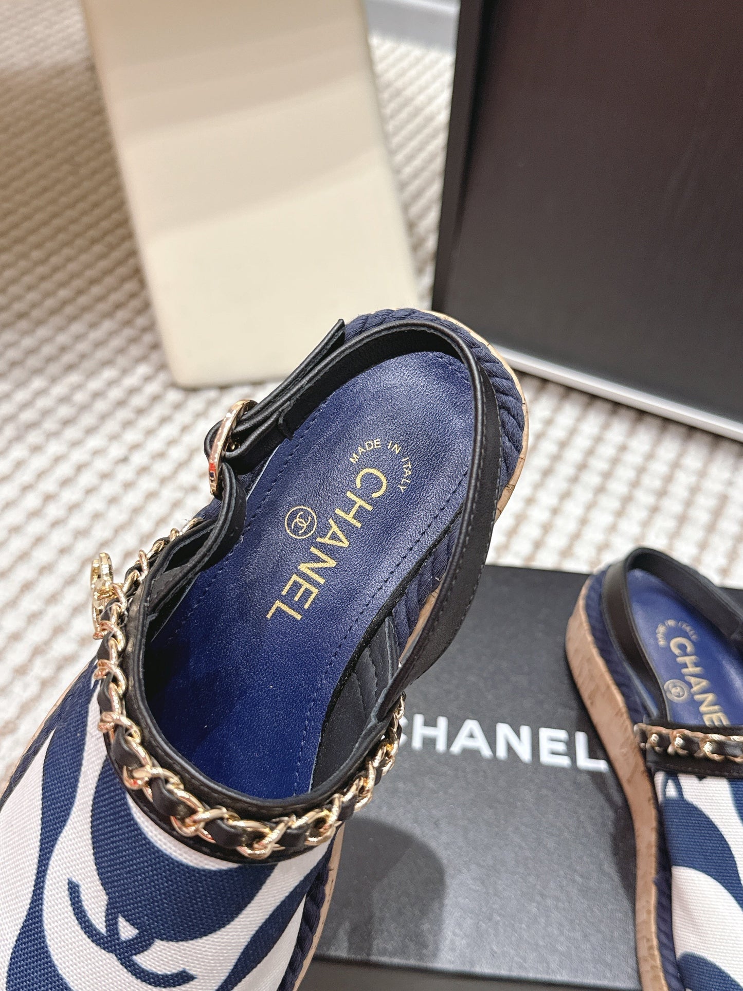 CC 26s Rope-Soled Sandals Navy Blue White Canvas Leather 652563