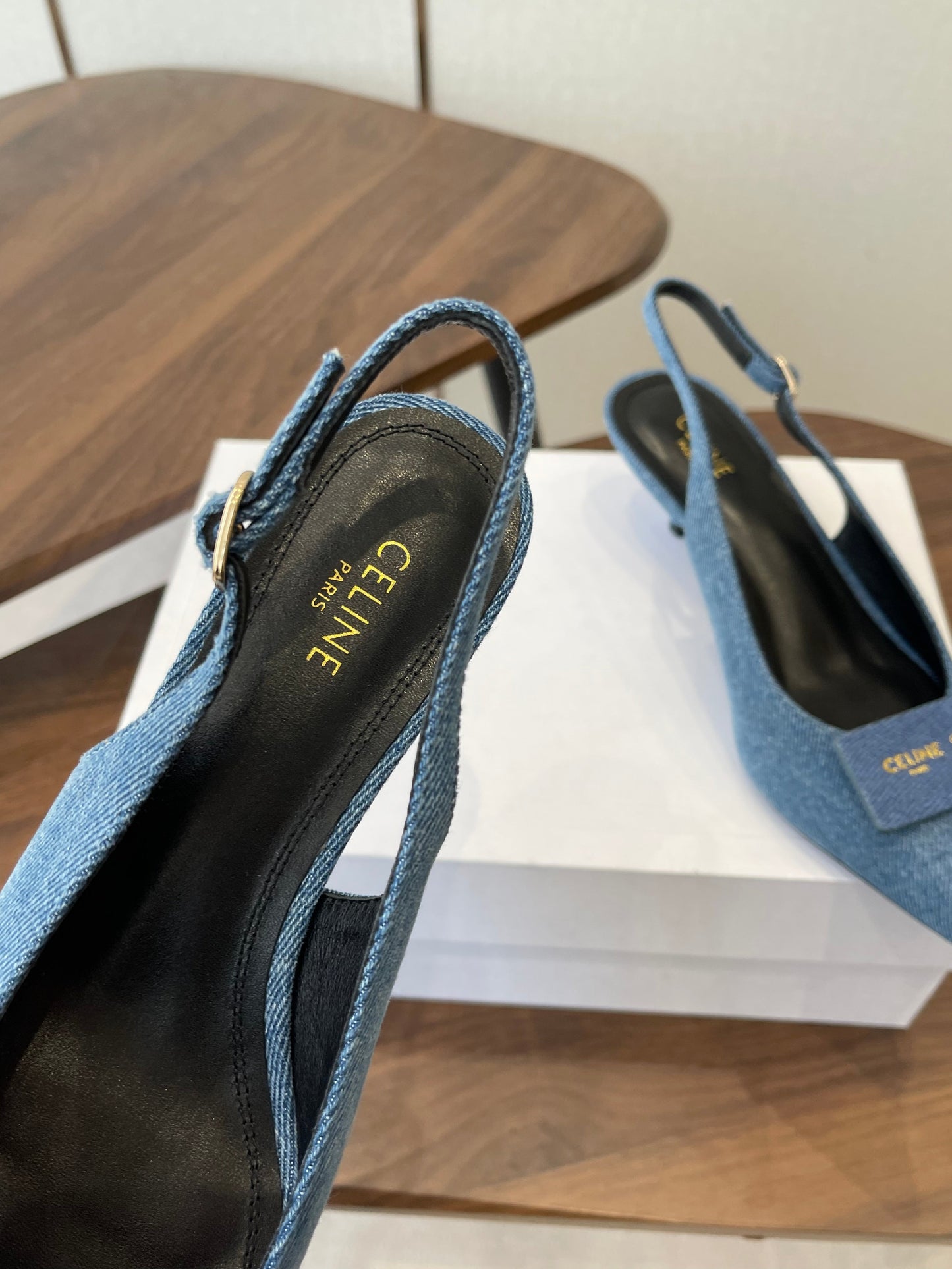 Celine 26  Pointed-Toe Slingback Blue Denim 624685