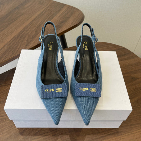 Celine 26  Pointed-Toe Slingback Blue Denim 624685