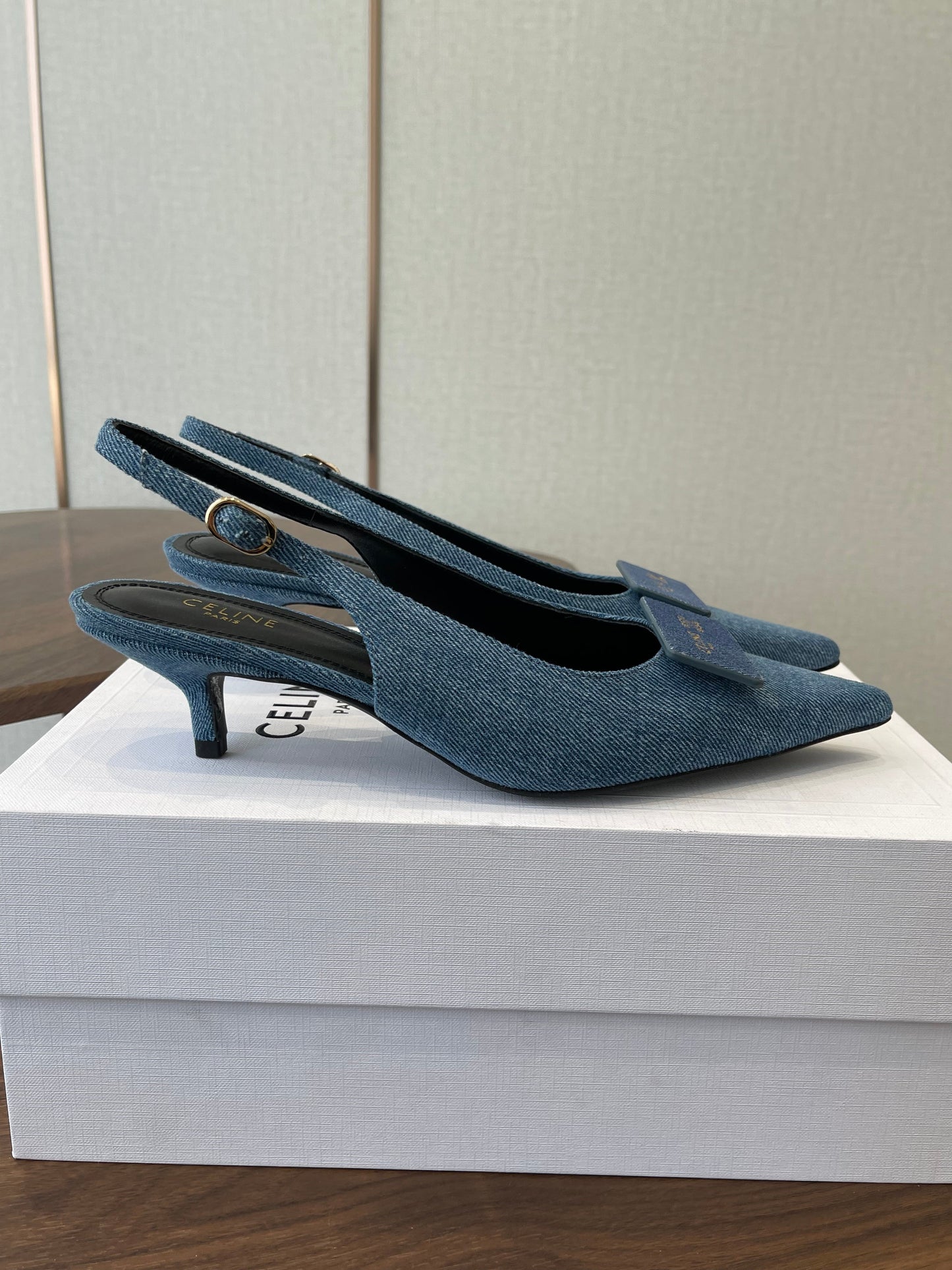 Celine 26  Pointed-Toe Slingback Blue Denim 624685