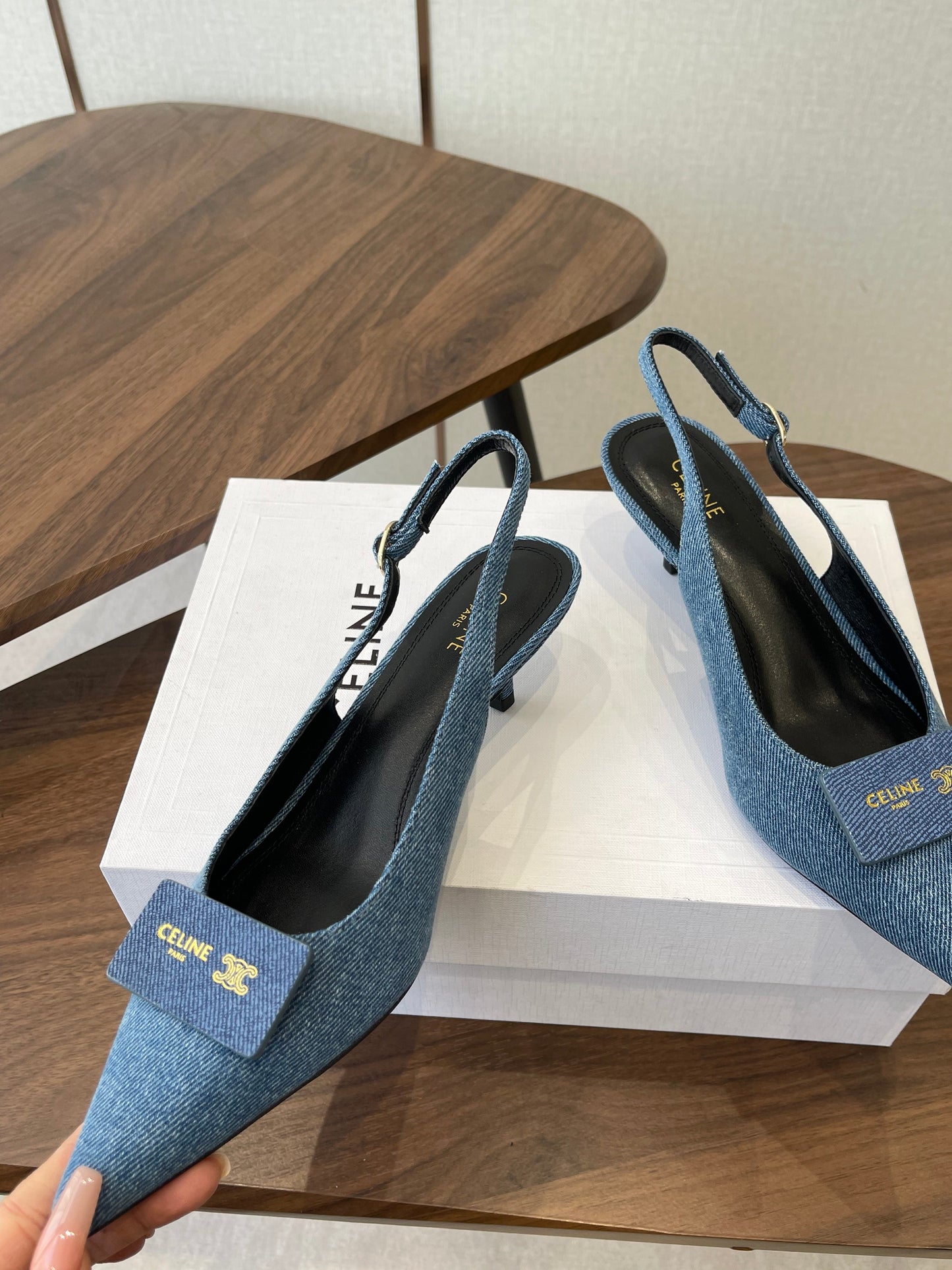 Celine 26  Pointed-Toe Slingback Blue Denim 624685