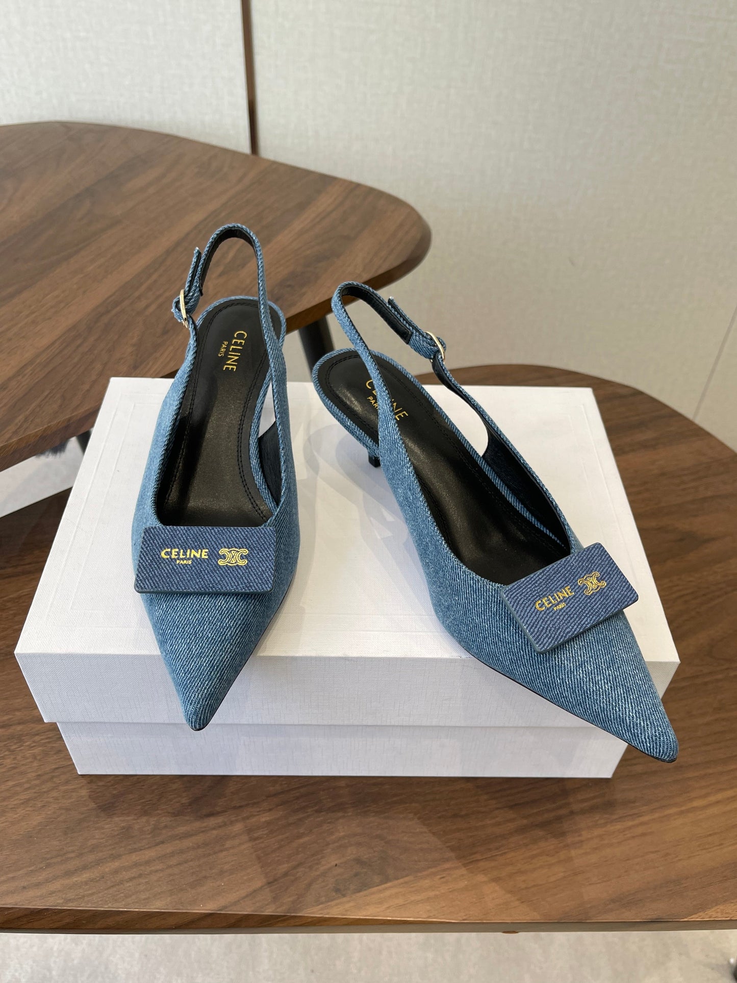 Celine 26  Pointed-Toe Slingback Blue Denim 624685