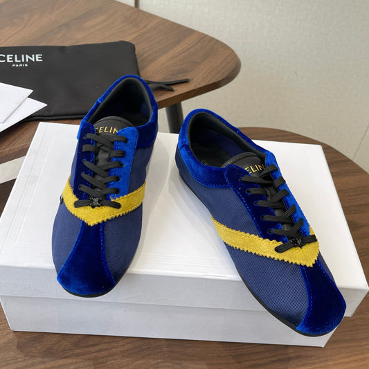 Celine 26 Flat Sneaker Dark Blue Yellow Canvas Suede 624713