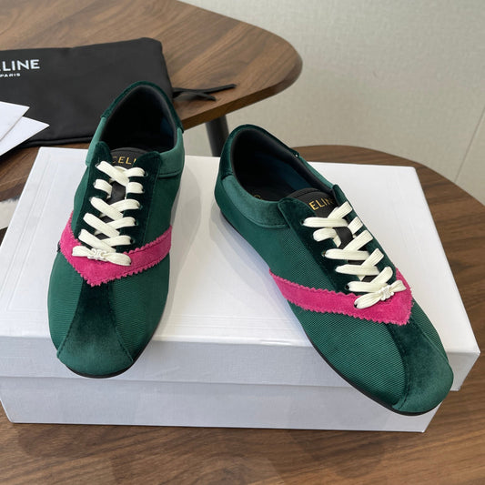 Celine 26 Flat Sneaker Dark Green Pink Canvas Suede 624715