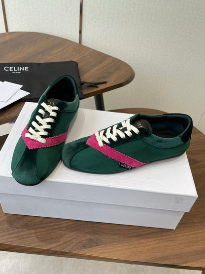 Celine 26 Flat Sneaker Dark Green Pink Canvas Suede 624715