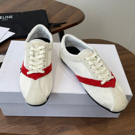 Celine 26 Flat Sneaker White Red Canvas Suede 624716