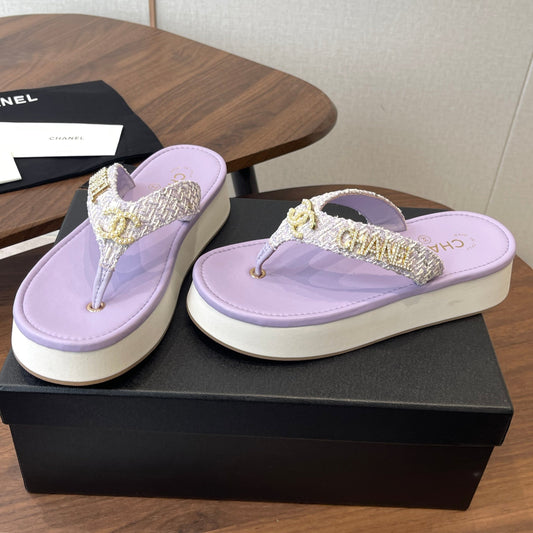 Chanel 2026 Thong Sandal Platform Tweed Gold Logo Details 790372