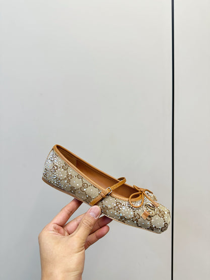 GG 26SS Ballet Flats Rhinestone Beige Brown Canvas Sheepskin 645702
