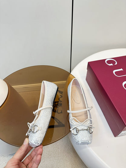 GG 26SS Ballet Flats Rhinestone White Satin Sheepskin 645705