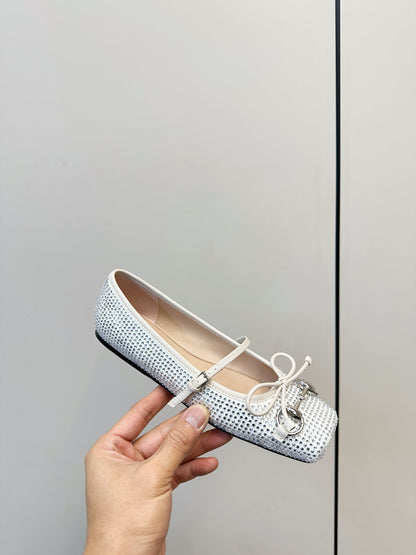 GG 26SS Ballet Flats Rhinestone White Satin Sheepskin 645705