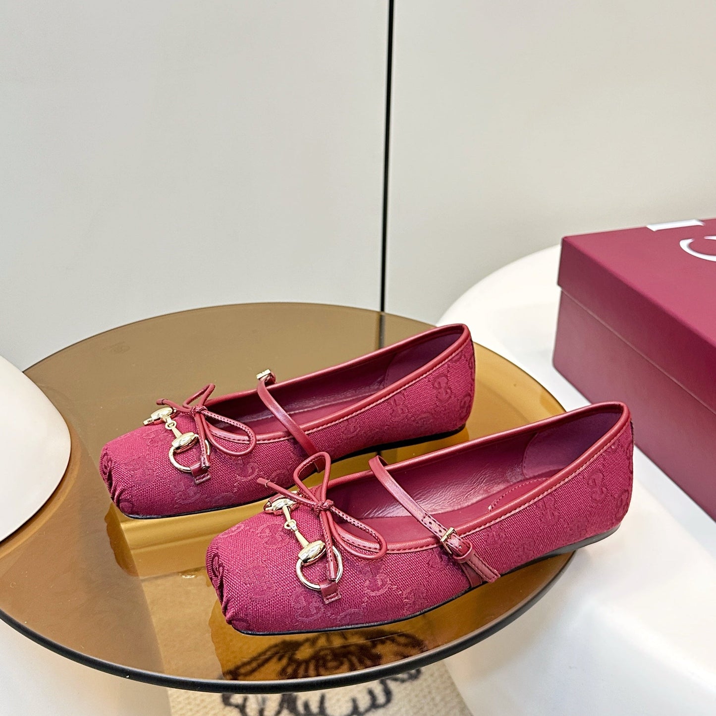 GG 26SS Ballet Flats Burgundy Monogram Fabric Sheepskin 645712