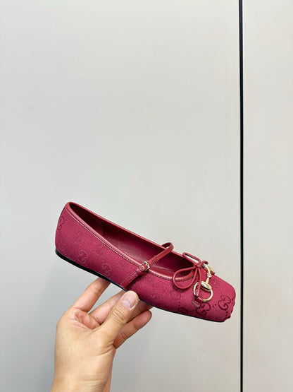 GG 26SS Ballet Flats Burgundy Monogram Fabric Sheepskin 645712
