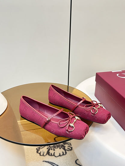GG 26SS Ballet Flats Burgundy Monogram Fabric Sheepskin 645712