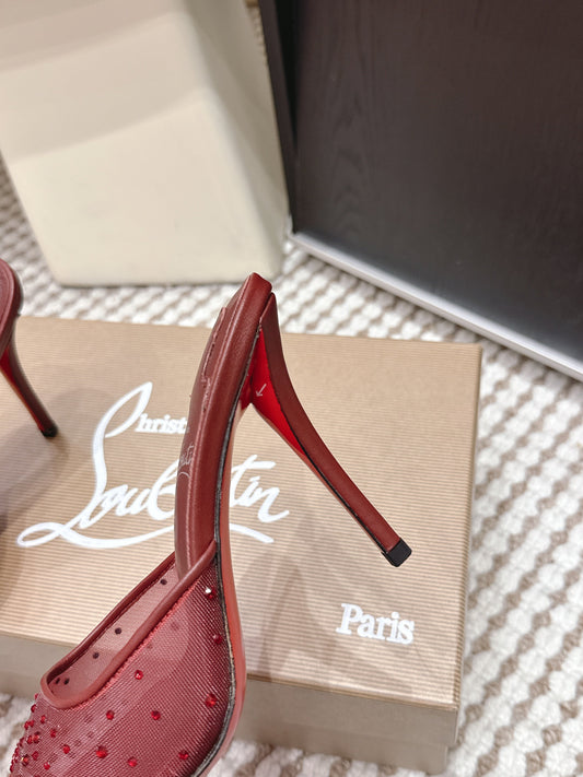 CL 26SS High-Heeled Slippers 100 Dark Red Mesh Rhinestone Leather 658051