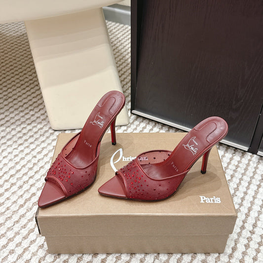 CL 26SS High-Heeled Slippers 100 Dark Red Mesh Rhinestone Leather 658051