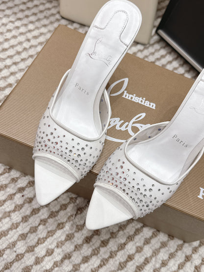 CL 26SS High-Heeled Slippers 100 White Mesh Rhinestone Leather 658052