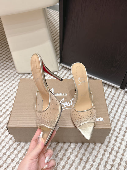 CL 26SS High-Heeled Slippers 100 Gold Champagne Mesh Rhinestone Leather 658053