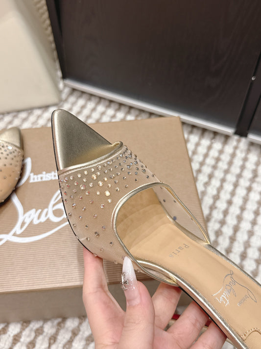 CL 26SS High-Heeled Slippers 100 Gold Champagne Mesh Rhinestone Leather 658053