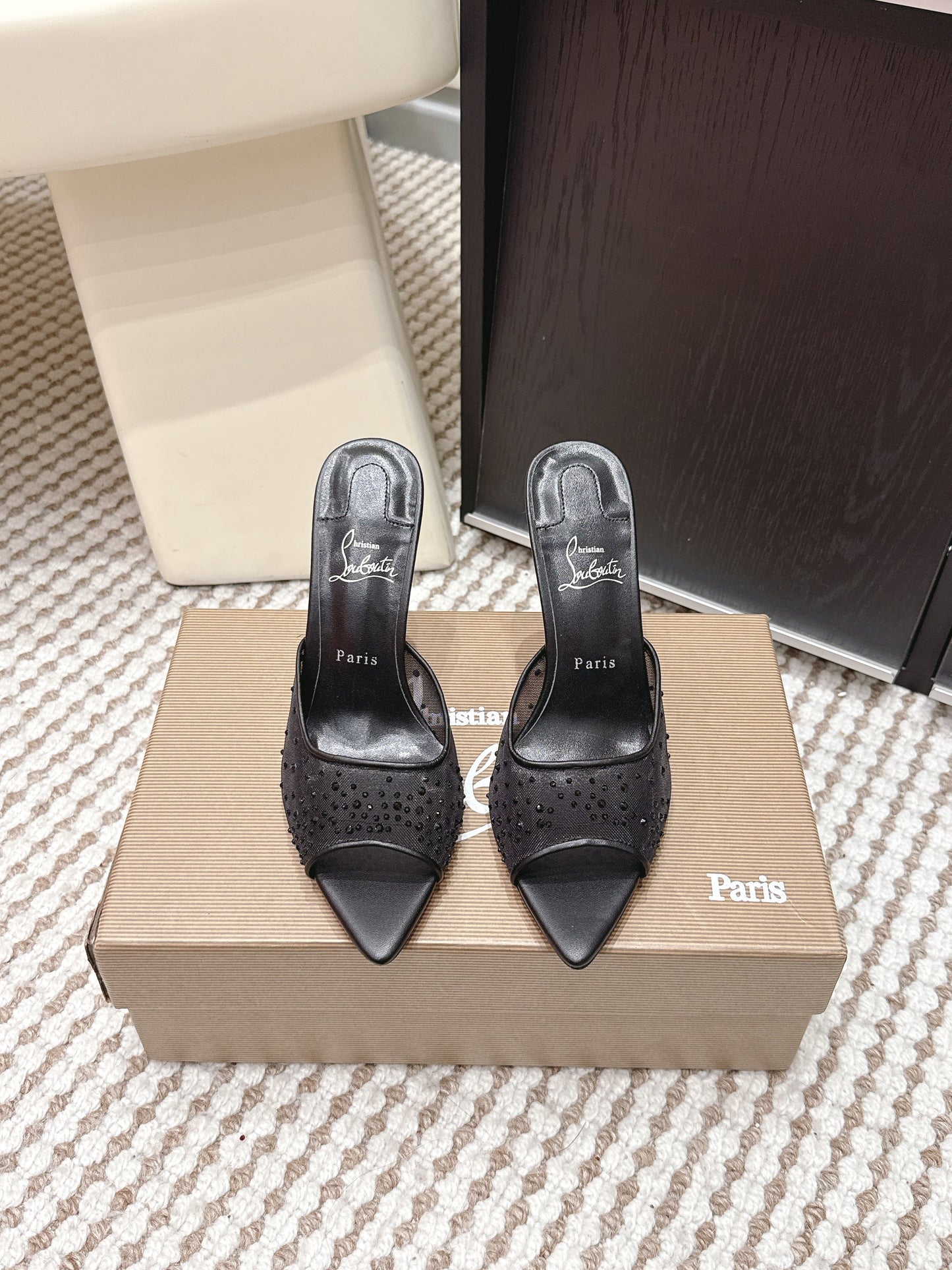 CL 26SS High-Heeled Slippers 100 Black Mesh Rhinestone Leather 658054