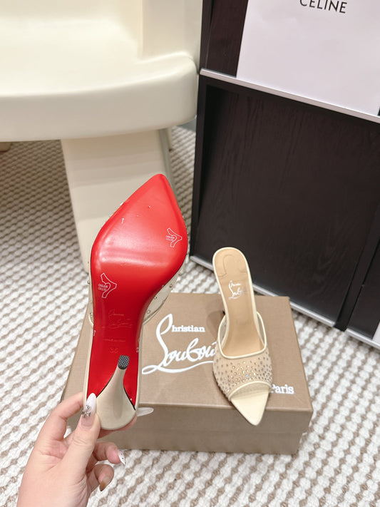 CL 26SS High-Heeled Slippers 100 Beige Mesh Rhinestone Leather 658055