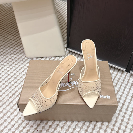 CL 26SS High-Heeled Slippers 100 Beige Mesh Rhinestone Leather 658055
