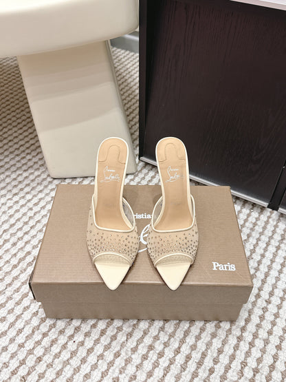 CL 26SS High-Heeled Slippers 100 Beige Mesh Rhinestone Leather 658055