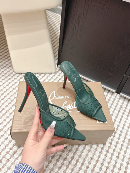 CL 26SS High-Heeled Slippers 100 Emerald Green Mesh Rhinestone Leather 658056