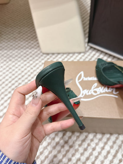 CL 26SS High-Heeled Slippers 100 Emerald Green Mesh Rhinestone Leather 658056