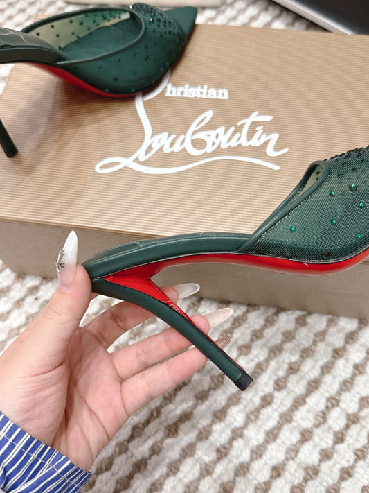 CL 26SS High-Heeled Slippers 100 Emerald Green Mesh Rhinestone Leather 658056