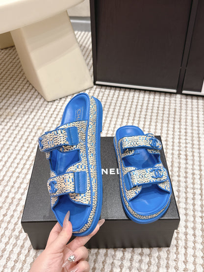 CC 26s Sandals Blue Beige Leather Raffia 632398