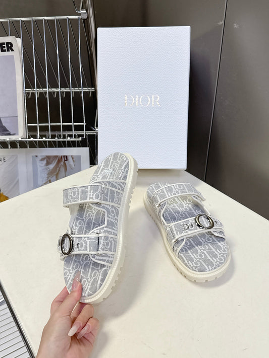 Dior 2026 Velcro Slip-on Sandal Grey White Fabric Leather 716904