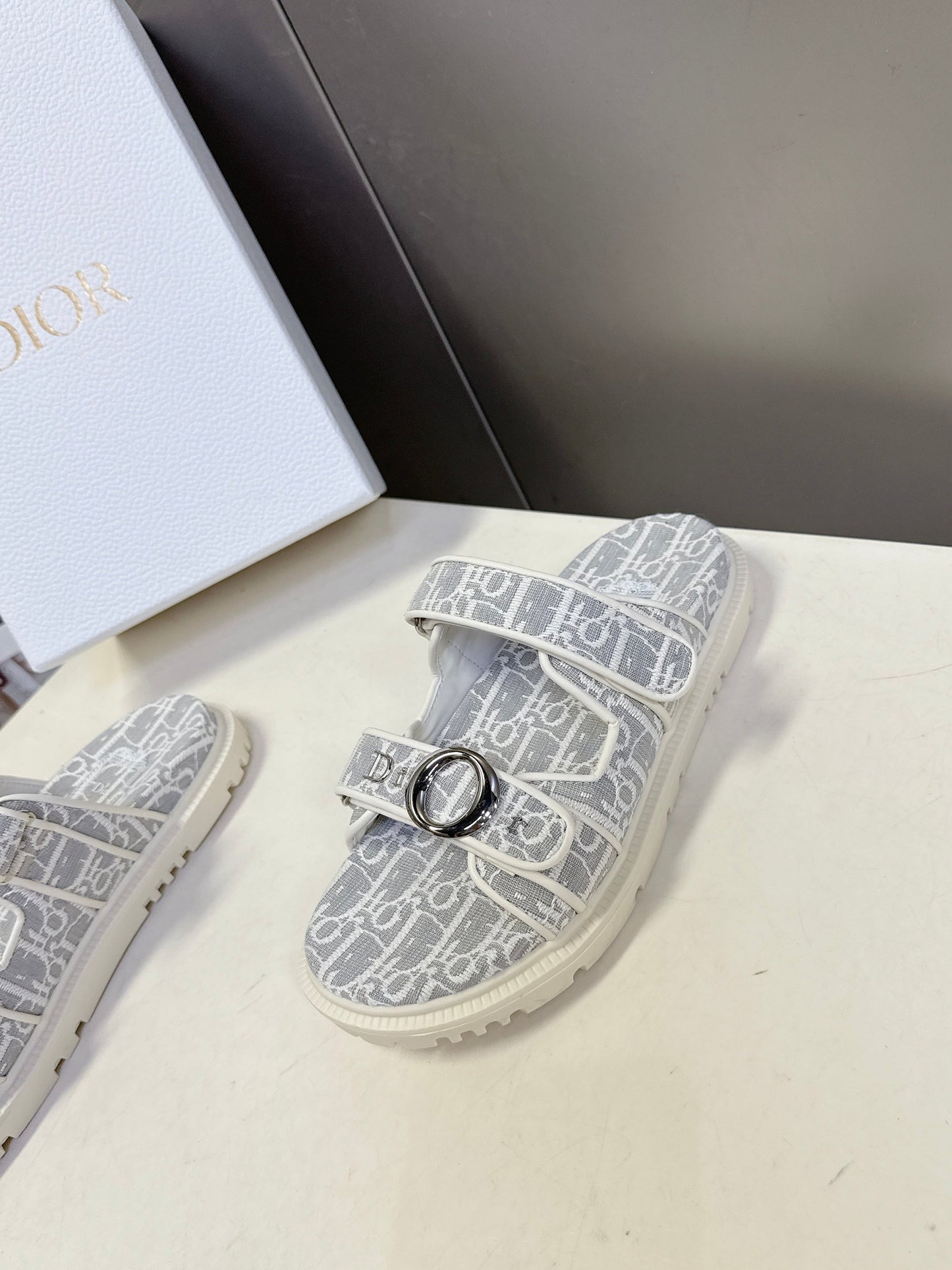 Dior 2026 Velcro Slip-on Sandal Grey White Fabric Leather 716904