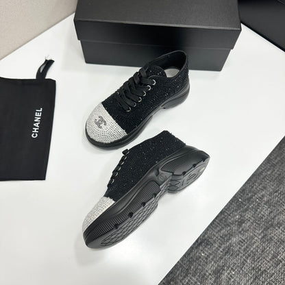 CC 26s Casual Sneakers Rhinestones Black Mesh Sheepskin 626362
